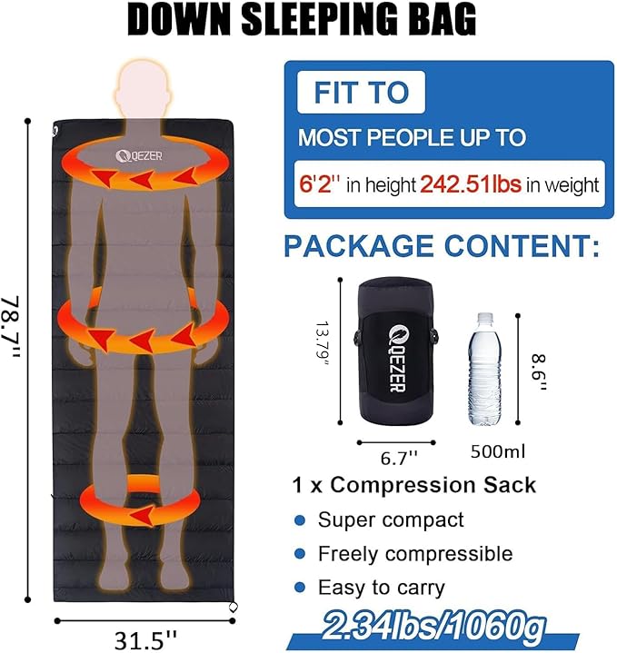 Down Sleeping Bag for Adults Ultralight Wearable Sleeping Bag for Backpacking Can Be Used as a Blanket or Mat