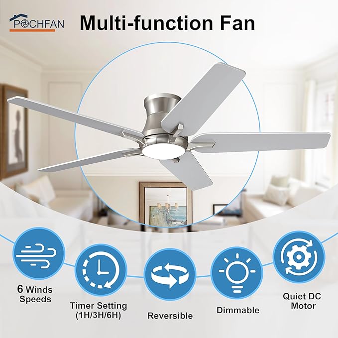 52 Inch Ceiling Fans with Lights and Remote Brushed Nickel Flush Mount Low Profile Ceiling Fan for Bedroom Living Room Patio Dimmable 6 Speeds Noiseless ETL Listed