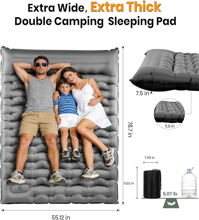 Double Sleeping Pad for Camping 5.9 Inch Thick Self Inflating Sleeping Mat for Camping with Built in Pillow and Foot Pump 2 Person Camping Mattress for Backpacking Hiking