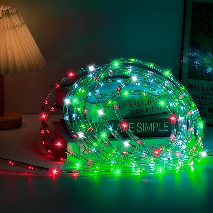 50ft 360 LED Waterproof Rope Lights 110V Connectable Indoor Outdoor Led Rope Lights for Deck Patio Pool Camping Bedroom Decor Landscape Lighting and More (RED+White+Green)