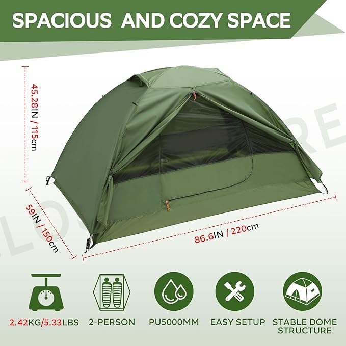 Clostnature Lightweight Tent for Backpacking - 1/2/3/4 Person Ultralight Backpacking Tent Waterproof Easy Setup Camping Tent Hiking Tent for Outdoor Hiking and Mountaineering