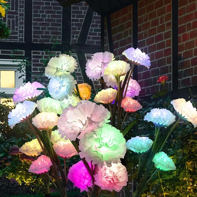 Solar Garden Lights Outdoor - Solar Flowers Lights Outdoor Decorative Waterproof 40 Hours Coloring Changing Carnation Yard Pathway Lawn Solar Powered Lamp Backyard Decor 4pcs