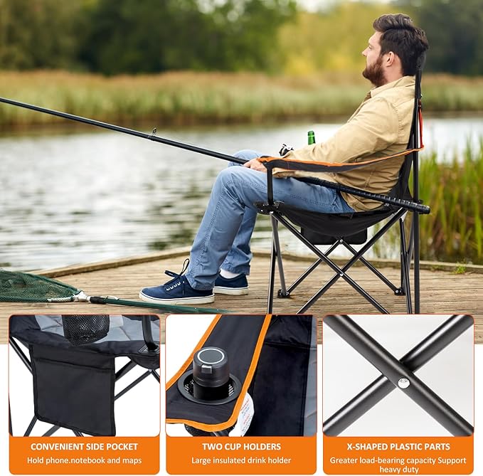 EMERIT 2 Pack Oversized Padded Camping Chair 350LB Heavy Duty Quad Fold Chair with Arms Collapsible Outdoor Chairs with Lumbar Back &amp Cup Holder