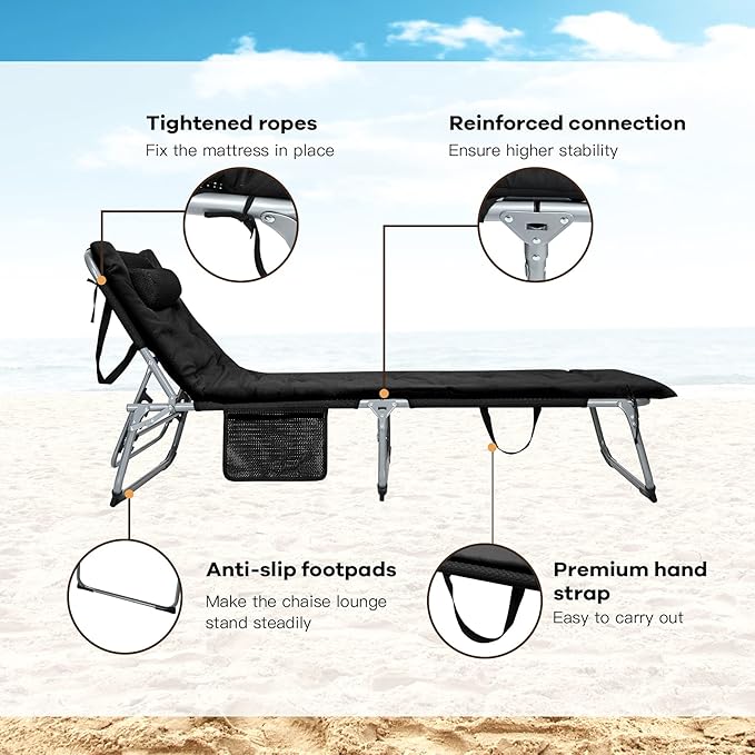 GYMAX Camping Cot 27” Lounge Chair Outdoor w/Mattress Headrest Side Pocket &amp Carry Strap 3 in 1 Folding Layout Tanning Lounger Portable Sleeping Bed for Adults Lawn Beach (2 Black)