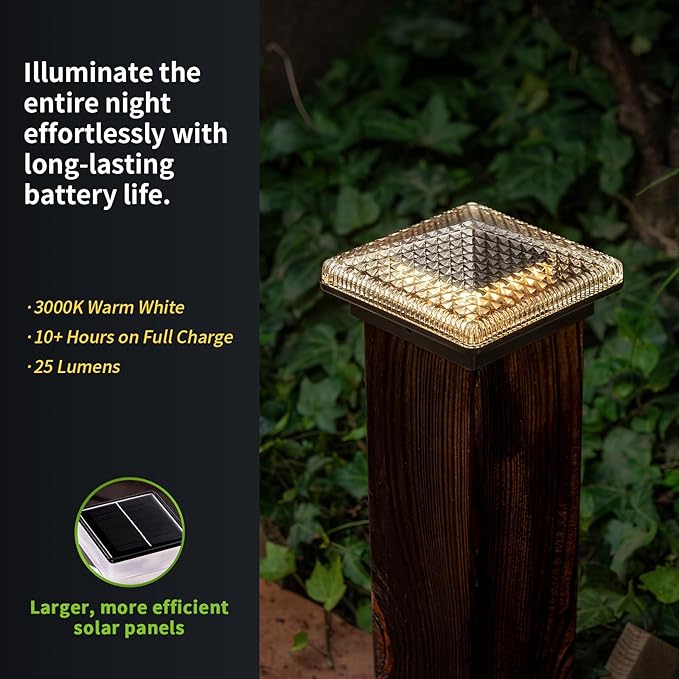 Glass Solar Post Cap Lights with Crystal Style - Decorative Deck Fence Lights for 4x4 5x5 Posts Hidden Solar Panel Modular Design 10Hr Runtime IP65 Warm White Black 2 Pack