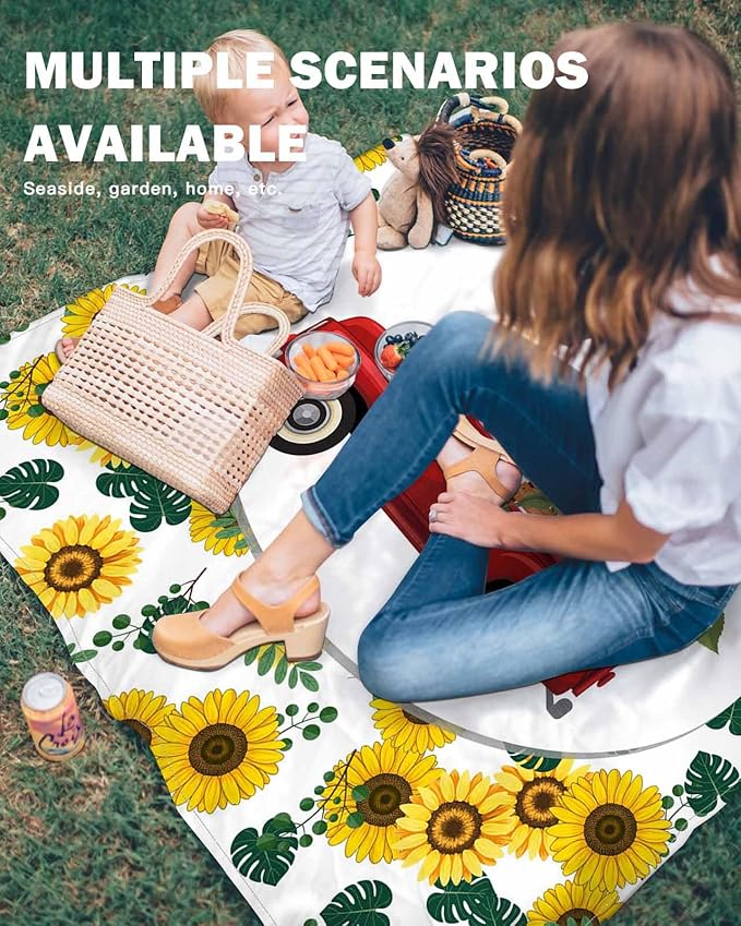 Beach Blanket Waterproof Sandproof OversizedFarm Yellow Sunflower Red Truck Beach Mat with Corner Stakes Sand PocketsSpring Green Leaves Outdoor Picnic Mat for Travel Camping Hiking118x108In