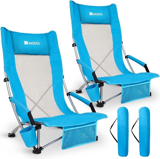 AKSOUL Folding Beach Chair for Adults: Low/High Back Chairs with Carry Bag - Extra Wide Seat Chair with Comfortable Pillow &amp Storage Pocket (1 Pack &amp 2 Pack Blue)