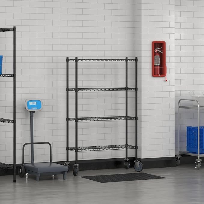 Commercial NSF Listed Black Epoxy Mobile Wire Shelving Kit 12 x 36 x 60 with 4 Shelves Perfect for Warehouse Walk-in Refrigerator Freezer Grocery Store Restaurant Dishroom