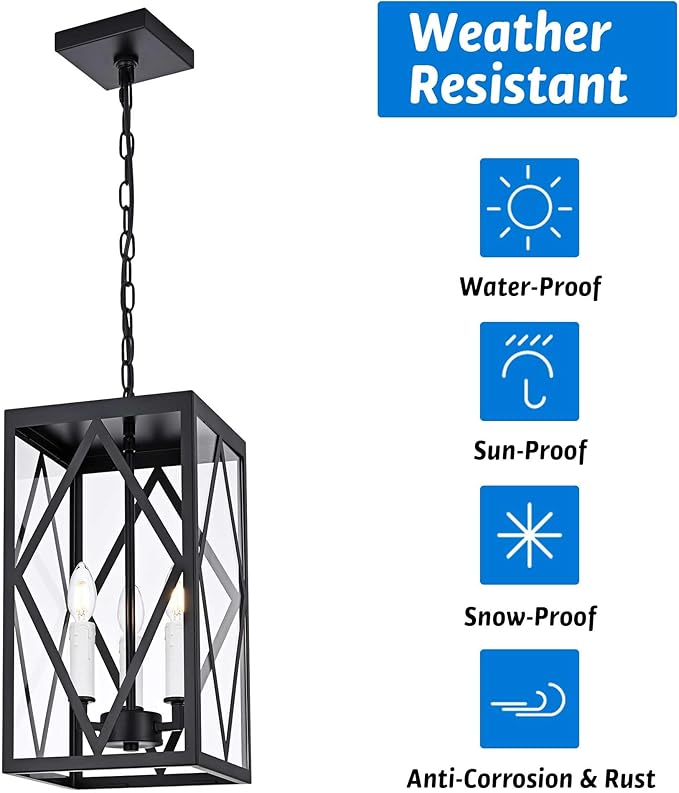3 Light Outdoor Pendant Lights for Porch 15.7'' Waterproof Exterior Hanging Porch Lights Ceiling Mount Outdoor Chandelier with Clear Glass for Front Porch Gazebo Patio White Socket