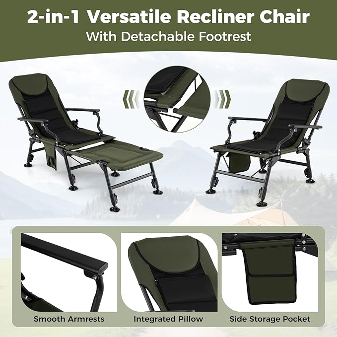 Goplus Oversized Foldable Fishing Chair for Adults 2 Pack Heavy Duty All-Terrain Camping Chair with Detachable Footrest Padded High-Back Adjustable Feet Portable Recliner for Outdoor Patio Beach