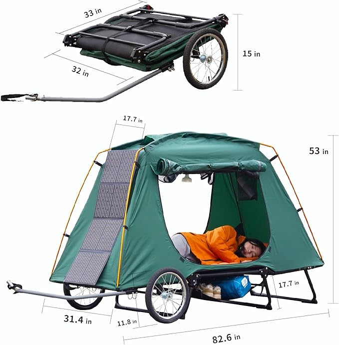 Premium Electric Bike Camper Trailer Tent Folding Waterproof Bicycle Camper with 16 Off-Road Wheels PU3000mm 2-Min Setup Elevated Sleeping with Mosquito Net for E-Bike Camping