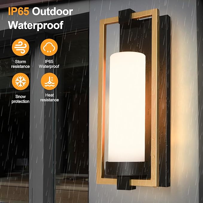 ALVIME Modern Gold Outdoor Wall Light Fixtures 15 Inch 2 Pack Outdoor Wall Sconce for House Waterproof Exterior Lighting Fixtures for Garage Doorway Porch Patio E26 Base&ampEtched Opal Glass