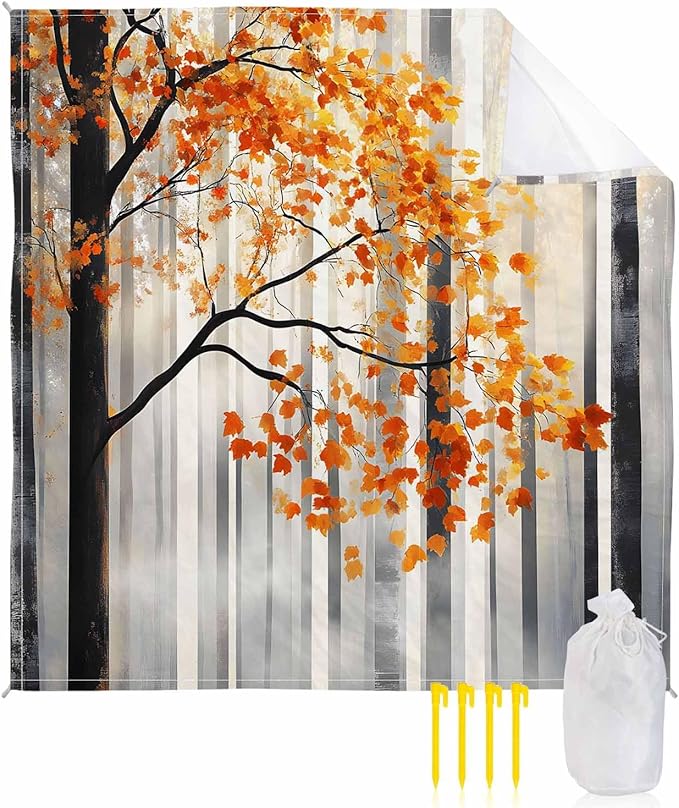 Beach Blanket Waterproof Sandproof Autumn Forest Watercolor Leaf Quick Drying Beach Mat with 4 Stakes Fog Abstract Black Tree Lightweight Picnic Blanket for Travel Camping Outdoor 95x80
