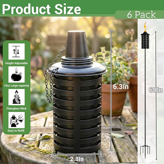 6-Pack Home Garden Torch 16 Oz Outdoor Black Metal Torch Garden Décor60-Inch Upgraded Citronella Torches with 5-Prong Grounded Stake Metal Light Torches for Party Patio Pathway