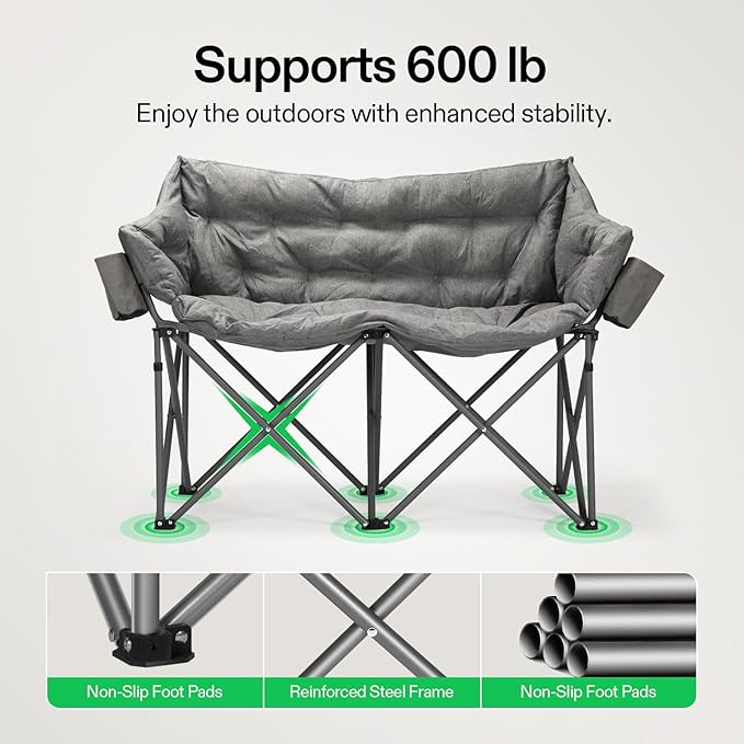 VIVOSUN Double Camping Chair Fully Padded Folding Loveseat Oversized Duo Chair with Cup &amp Wine Glass Holders Pocket Armrests &amp Carry Bag
