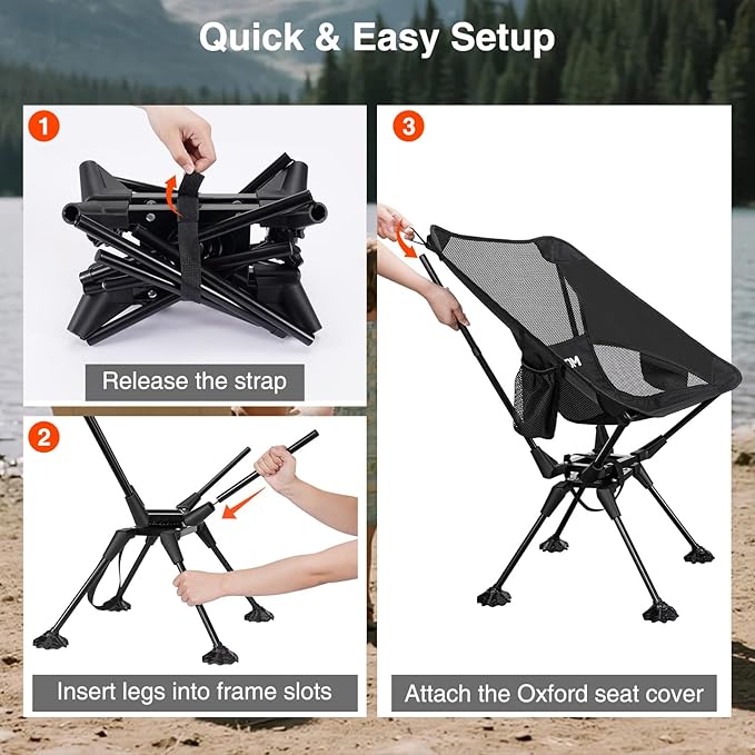 360° Swivel Folding Camping Chairs Compact and Portable Chair for Outdoor Camp Foldable Chairs with Anti-Sinking Large Feet for Travel Beach Picnic Sports Fishing Support 300 LBS(Black)