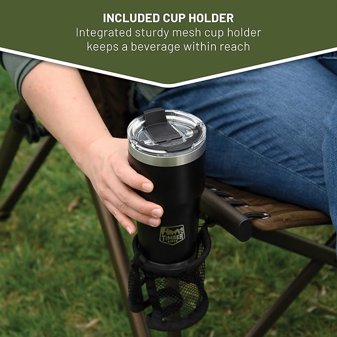 Timber Ridge Bungee Folding Camping Chairs for Adults Heavy Duty Collapsible Padded Chair with Armrests Cup Holder Foldable Outdoor Lounge Chairs for Fishing Lawn Supports 300 lbs Earth Brown