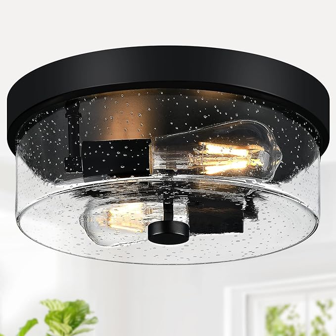 Black Flush Mount Ceiling Light Fixtures 2-Light Ceiling Mount for Farmhouse with Seeded Glass Lampshade Industrial Flush Mount Light Fixture Farmhouse for Hallway Kitchen Entryway and Foyer