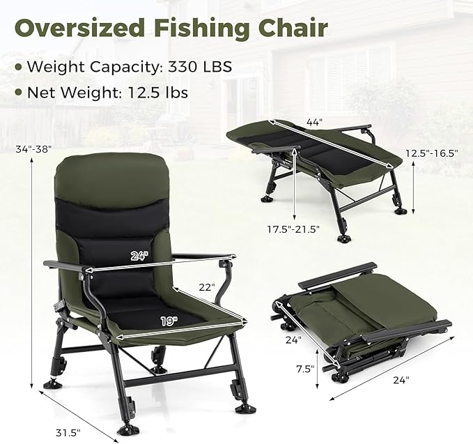 GYMAX Foldable Fishing Chair Heavy Duty Oversized All-Terrain Camping Chair 180° Adjustable Padded High-Back Portable Recliner for Outdoor Patio Beach (No Footrest)