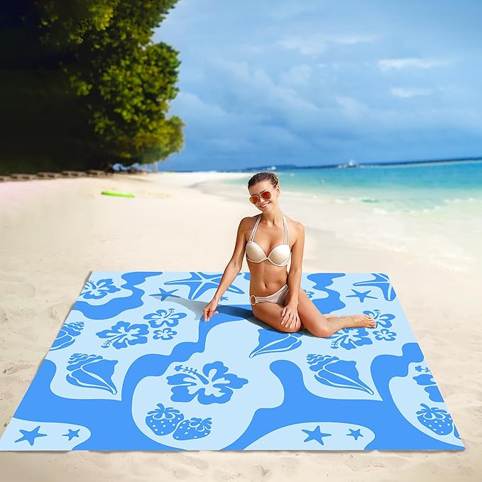 Beach Blanket Waterproof Sandproof 78”x 86” Large Sand Free Beach Mat with 4 Stakes &amp Portable Bag Big Flodable Compact Outdoor Picnic Blanket