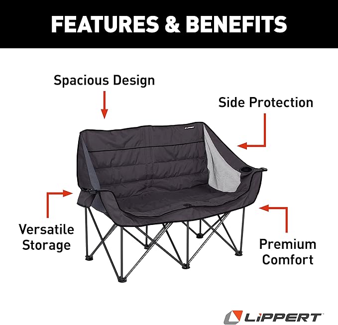 Lippert Campfire Folding Loveseat with 500-lb. Weight Capacity Carry Bag Durable Mesh Fabrics High-Loft Cushioning Storage Pocket Dual Cupholders Stemmed Wine Glass Holder (Grey) - 2021000206
