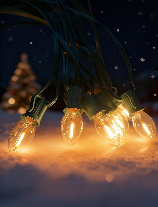 50Ft LED Christmas Outdoor String Lights C7 Vintage String Lights with 27 0.6W Warm White Bulbs Clear Christmas Lights for Holiday Party Backyard Wedding Garden Patio Porch Decor Green Wire