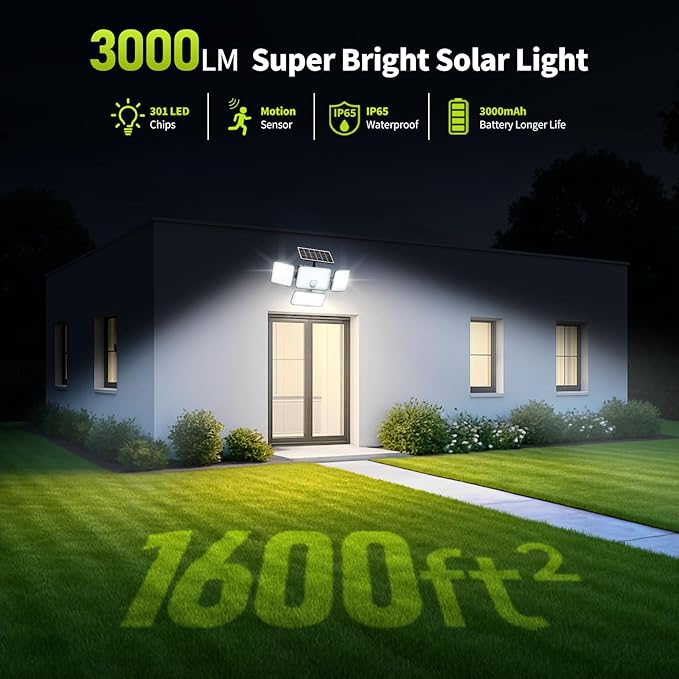 2PCS Solar Flood Lights Outdoor 4 Head Motion Sensor Lights Flood Light with Extension Cord