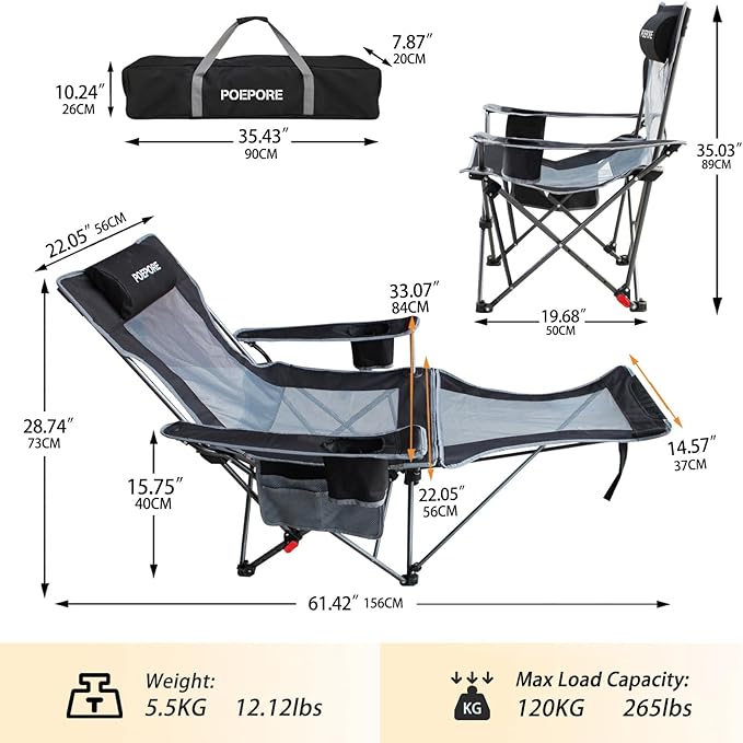 Reclining Camping Chair with Removable Footrest Lounge Chair with Headrest Cotton Cushion Portable Adjustable Folding Chairs