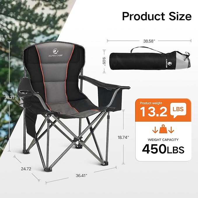 ALPHA CAMP Oversized Folding Camping Chair Heavy Duty Portable Lawn Chairs with Cooler Bag Side Pocket &amp Cup Holder Folding Chairs for Outside Support 450 LBS