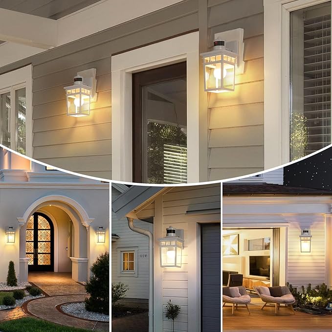 Motion Sensor Outdoor Wall Light with 4 Modes Dusk to Dawn Outdoor Lighting Motion Activated Porch Light Waterproof Wall Sconce Exterior Light Fixture for Entryway Garage Bulb Included White