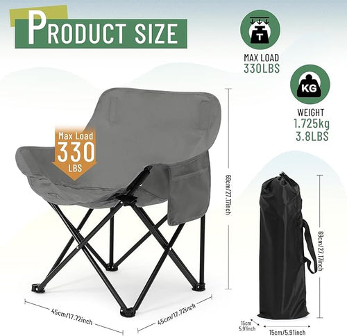 2 Pack Compact Camping Chairs Portable Folding for Outside with Carry Bag Lightweight Moon Chairs for Travel Picnic Hiking Beach Fishing 600D Oxford Supports 330lbs(Grey Black)