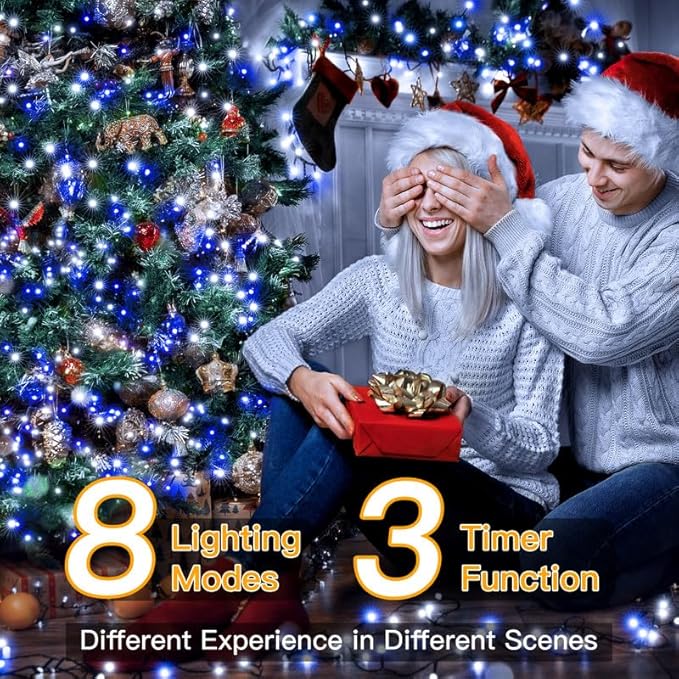 Ollny Christmas Lights 500LED 164FT Long Christmas Tree Lights with 8 Modes Remote Timer IP44 Waterproof Outdoor Christmas Lights for Tree House Yard Outside Xmas Decorations (Blue+White)