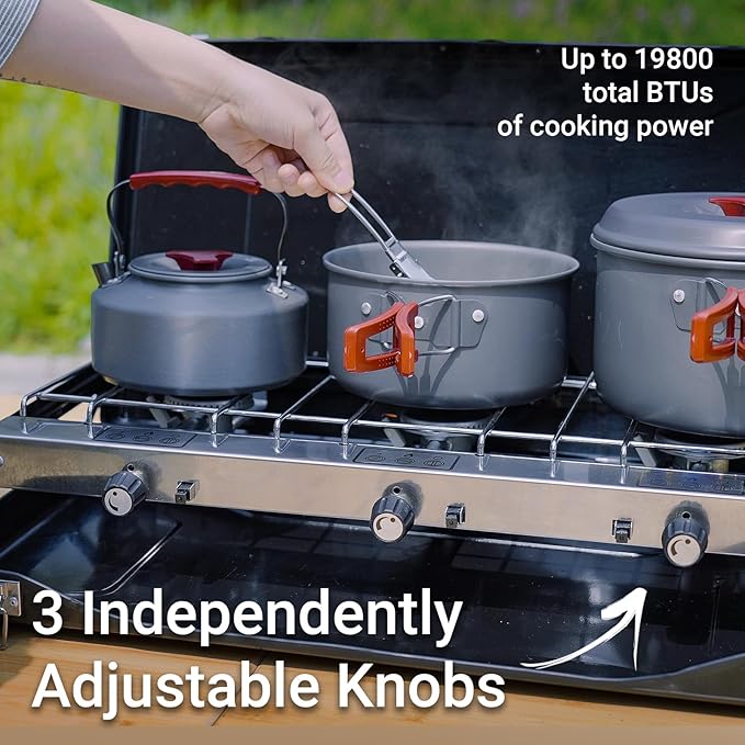 Camping Stove 3 Burner Propane Portable Camp Stove with Regulator Push-Button Instant Ignition Portable Camp Grill Adjustable Burners for Car Camping Outdoor Cooking (BLACK-19800 BTUs)