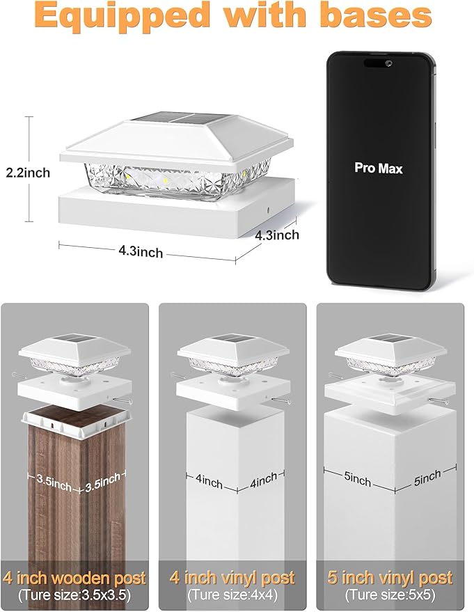 VOLISUN 4x4 Solar Fence - Post Lights 8pack Post Cap Light Outdoor Waterproof Whtie Deck Cap Light Solar Powered with Warm Whitefor 4x4 Wooden/4x4 or 5x5 Vinyl