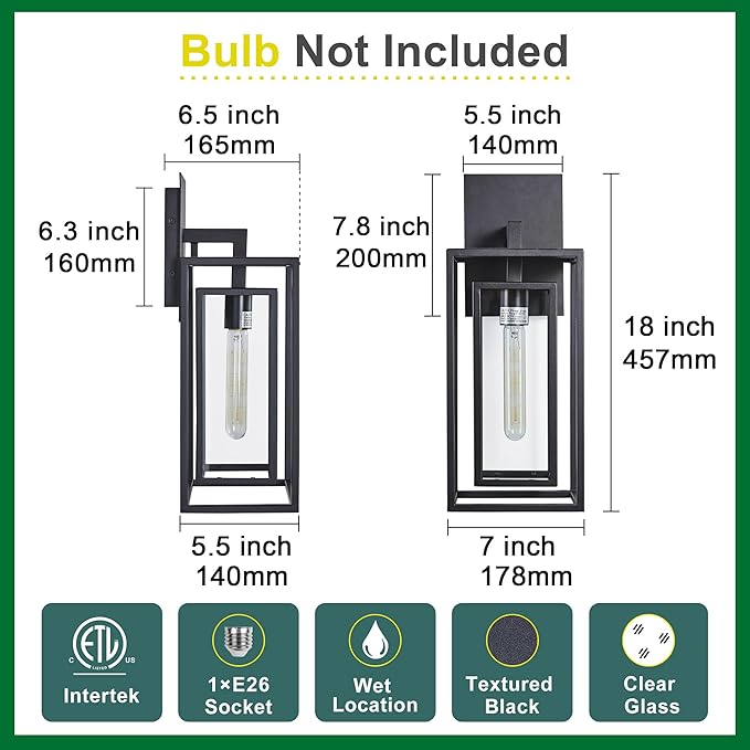 18Ht Modern Industrial Outdoor Wall Light Fixture with Textured Black Anti-Rust Metal and Clear Glass Wet Rated for Exterior House Porch Patio Outside Deck Garage Yard Front Door Garden