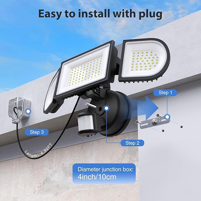 150W Plug in Motion Flood Lights Outdoor 15000LM LED Motion Sensor Outdoor Lights Dusk to Dawn Security Floodlights Waterproof IP65 Exterior Lighting for Outside House Garage