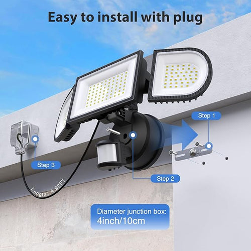 150W Plug in Motion Flood Lights Outdoor 15000LM LED Motion Sensor Outdoor Lights Dusk to Dawn Security Floodlights Waterproof IP65 Exterior Lighting for Outside House Garage
