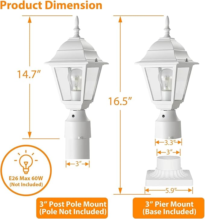 Outdoor Post Lights 2 Pack Dusk to Dawn with Photocell Waterproof Exterior Post Light Fixture 5.9” Pier Mount Base White Aluminum Post Lantern with Clear Glass