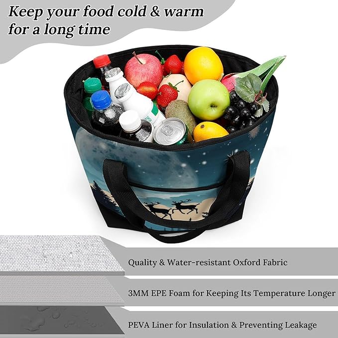 Insulated Shopping BagLarge Reusable Cooler Bags Christmas Winter Printed Foldable Shopping BagTravel Waterproof Shoulder Bag