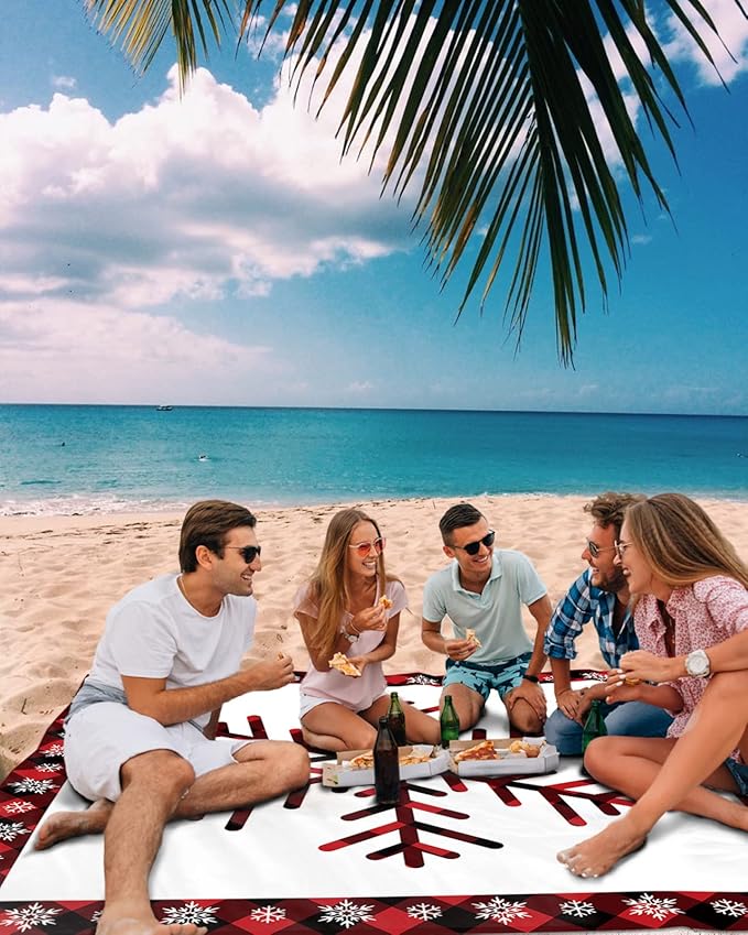 Beach Blanket Waterproof Sandproof Winter Snowflake Christmas Snow Red Buffalo Plaid Quick Drying Beach Mat with 4 Stakes Black Grid White Back Lightweight Picnic Blanket for Travel Camping 83x79
