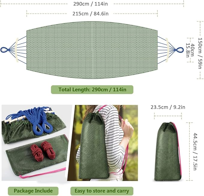 Outerman Camping Hammocks 290 * 150cm(Max 550lb)Breathable Soft Nylon Hammocks with Balance Beam Sturdy Metal Knot Tree Ropes and Travel Bag Perfect for Outdoor/Indoor Patio Backyard etc.