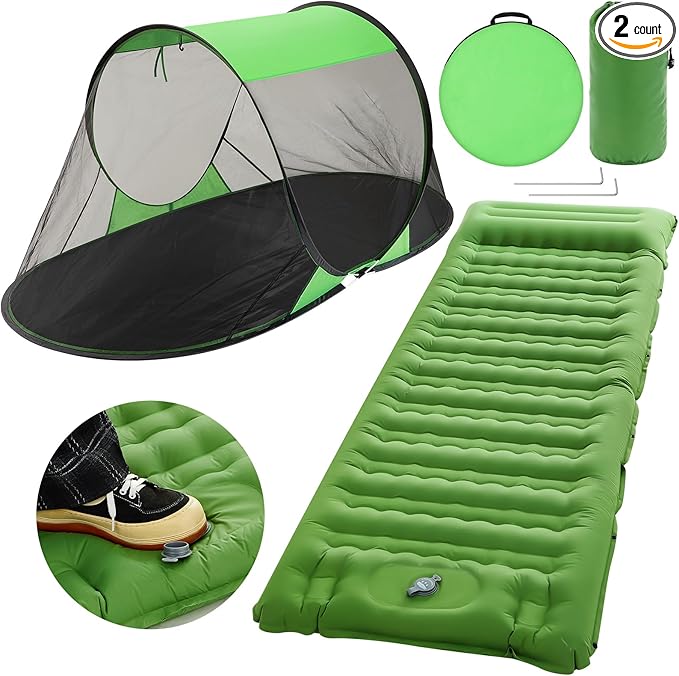 Pop up Mosquito Net Tent and Sleeping Pad for Camping One Person Instant Pop up Screen Tent Thick 5 Inch Portable with Pillow for Outdoor Summer Camp Bed Camping Cot