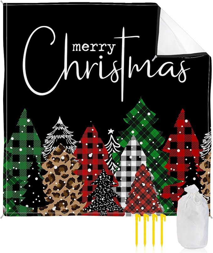 Beach Blanket Waterproof Sandproof OversizedMerry Christmas Leopard Xmas Tree Beach Mat with Corner Stakes Sand PocketsRed Black Buffalo Plaid Outdoor Picnic Mat for Travel Camping Hiking 95x80In