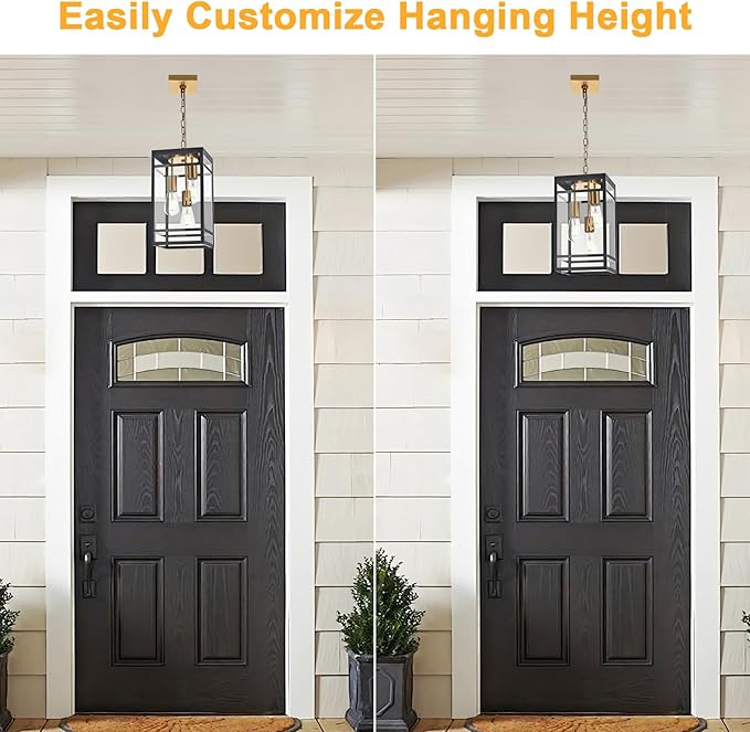 3-Light Outdoor Pendant Lights for Porch Black &amp Brushed Brass Outdoor Chandelier 16'' Exterior Hanging Porch Light Fixtures w/Clear Glass Waterproof Outside Pendant Lantern for Garage