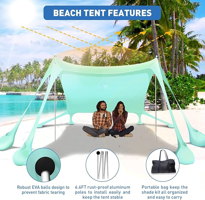 Beach Tent Sun Shelter 10x10ft Beach Canopy Easy Pop Up Sun Shade Portable UPF50+ with 8 Sandbags-2 Sand Shovel-4 Aluminum Poles-Ground Pegs for Outdoor Family Camping Fishing Backyard Picnic