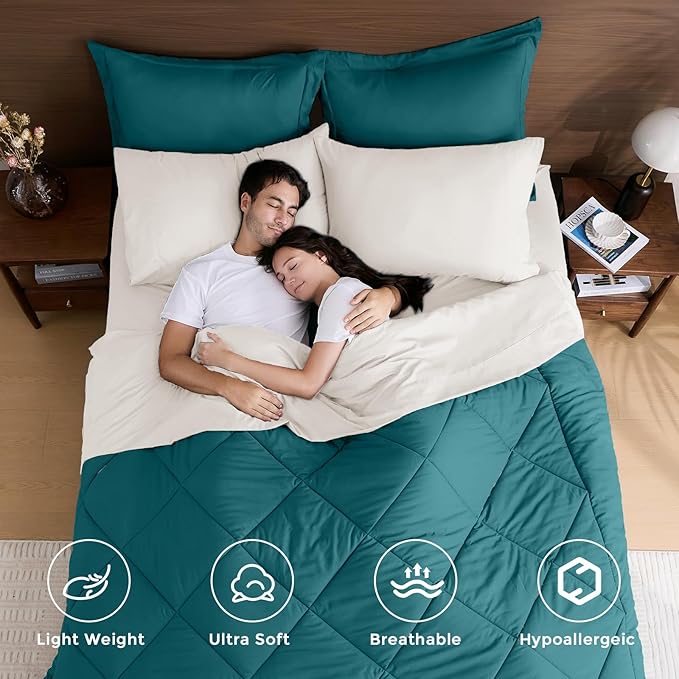 HEVUMYI Queen Comforter Set - 7-Piece All Season Bed in a Bag Queen Ultra Soft Bedding Set with Comforter Flat Sheet Fitted Sheet Pillowcases Pillow Shams Peacock Blue &amp Ivory