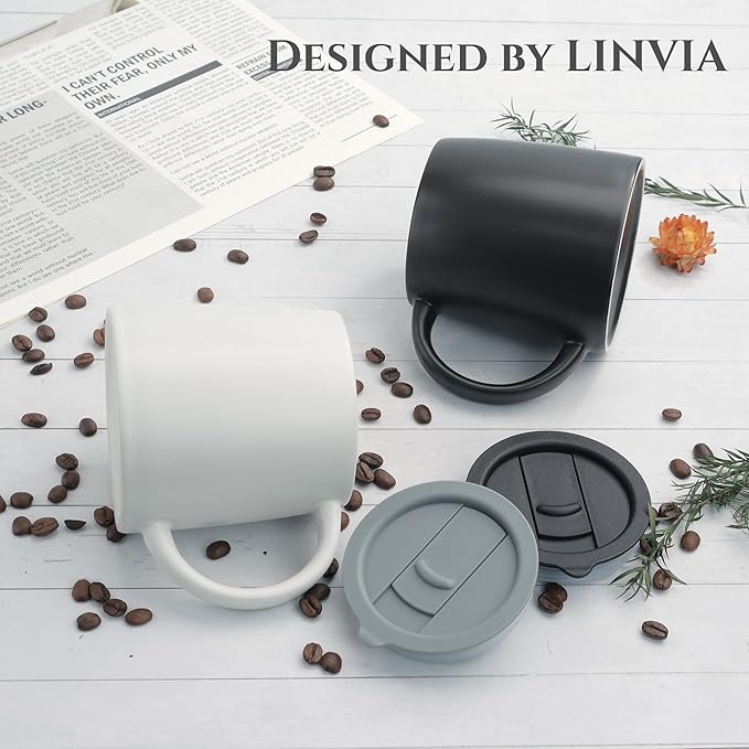 Classic Mug 14 oz Large Coffee Mug with Handle Ceramic Porcelain Tea Cup Smooth Matte (Sliding Lid Set of 2 White and Black)