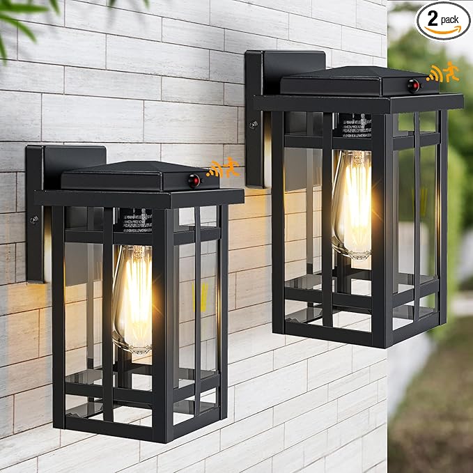 Motion Sensor Outdoor Wall Light Fixtures 2 Packs 9.76''Waterproof Dusk to Dawn Outdoor Lighting Exterior Modern Porch Lantern Anti-Rust Outside Scones for Front Door Garage Patio Black