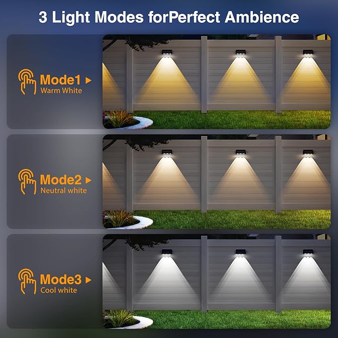 Onforu Solar Fence Lights12 Pack Solar Lights Outdoor3 Modes(Warm/Neutral/Cool White) for OutsideDusk to Dawn Outdoor LightIP65 Waterproof Deck Lighting for PatioStepBackyardRailingWall