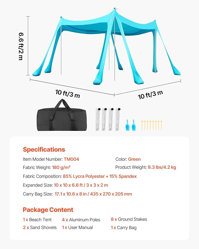 VEVOR Beach Tent Sun Shelter UPF50+ Sun Protection 6.6 ft Tall 10 x 10 ft Easy Pop Up Beach Canopy with Sandbags Stability Poles Sand Shovels Portable Shade for Family Camping Fishing Green